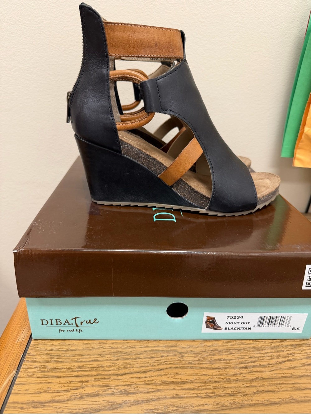 DibaTrue Black and Tan Wedge Sandals with Cutout Detail